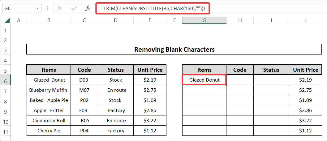 how to remove blank characters utilizing trim, clean and substitute functions