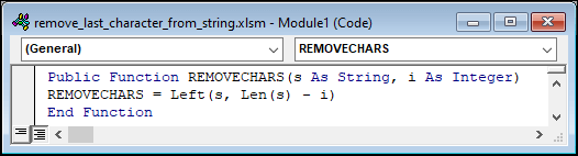 how to remove last character from string executing vba code to create custom function