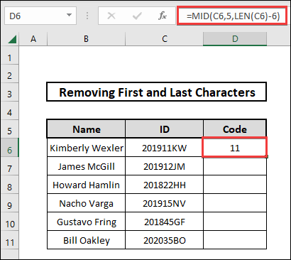 how to remove first and last characters concurrently in excel using mid and len functions