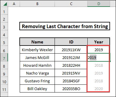 how to remove last character from string using flash fill