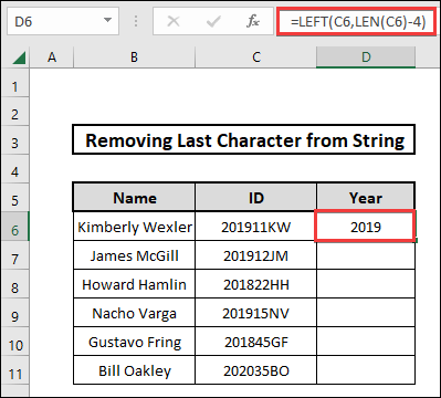 how to remove last character from string applying left and len functions