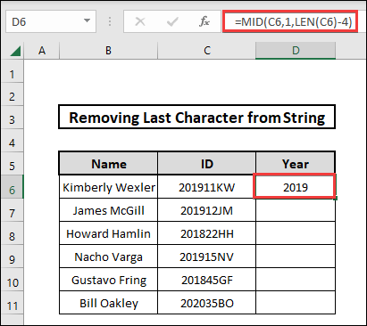 how to remove last character from string in excel implementing mid and len functions