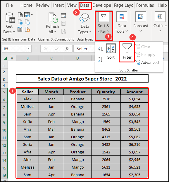 Use of Filter feature to split data into multiple worksheets.