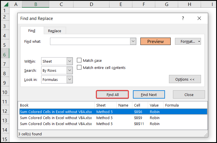 Find all process in Excel