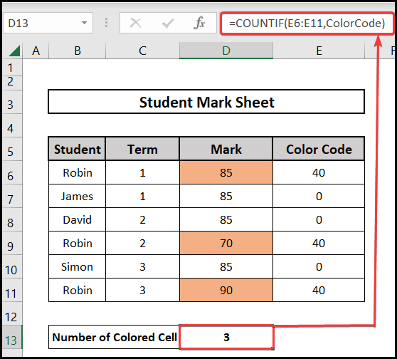 Use of COUNTIF function for sum colored cells in excel without vba
