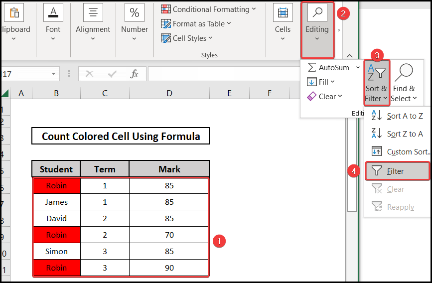 Use of Sort and Filter in count colored cells using formula