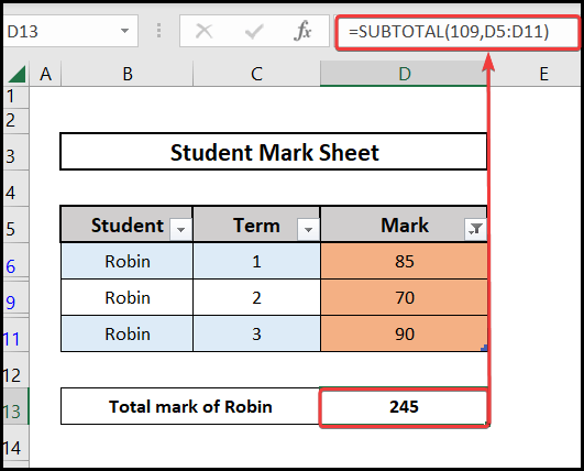 Use of SUBTOTAL function in sum colored cells in excel without vba