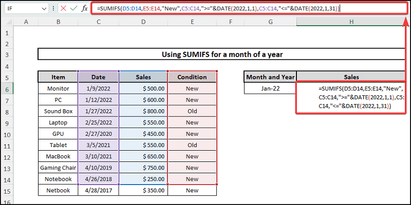 Formula input using sumif by month and year