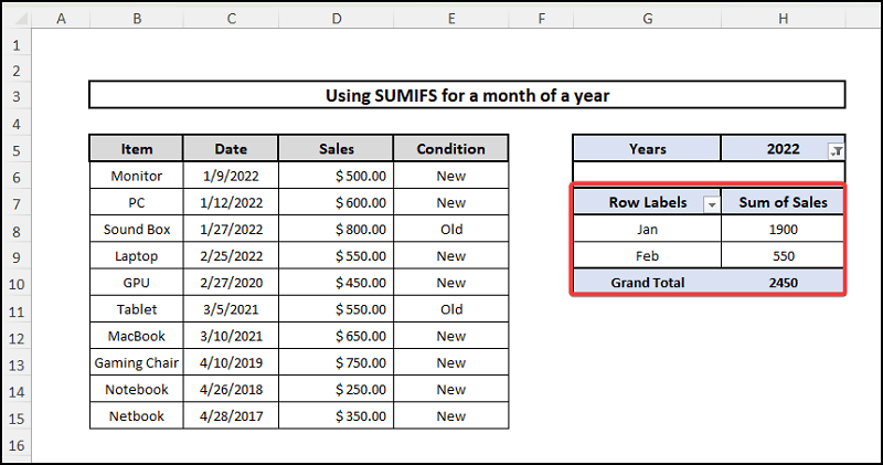 sumif by month and year