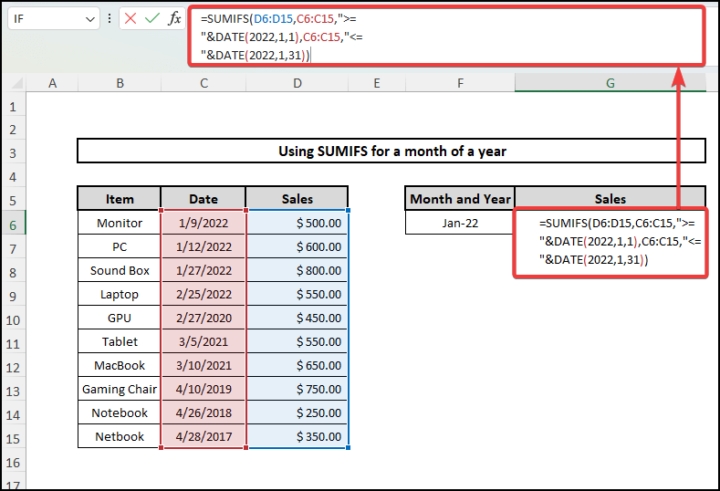 Formula input using sumif by month and year 