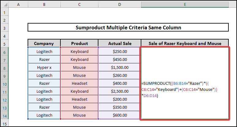 sumproduct multiple criteria same column fomrmula of or and and logic