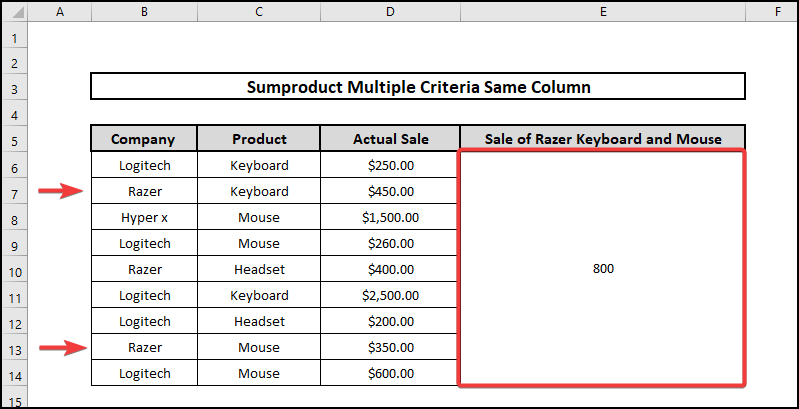 sumproduct multiple criteria same column using both or and and logics