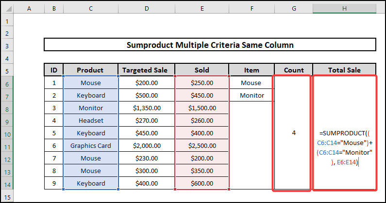 sumproduct multiple criteria same column formula for or logic