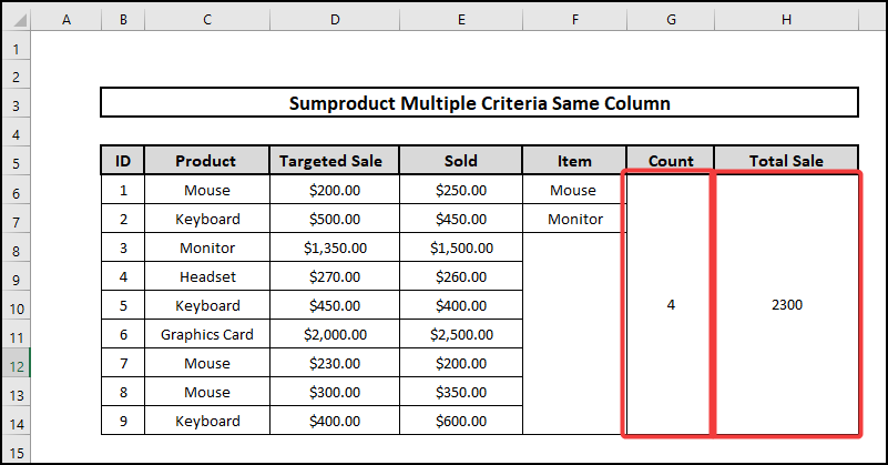 sumproduct multiple criteria same column using or logic