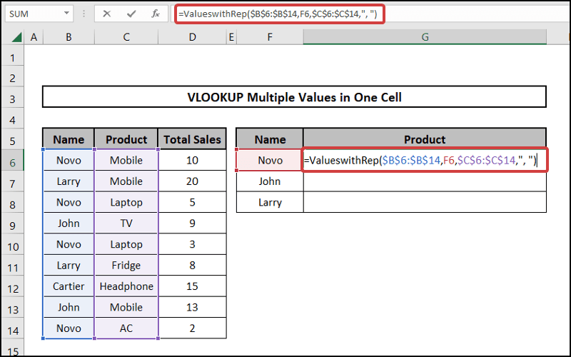 vlookup multiple values in one cell VBA custom function with repeating values