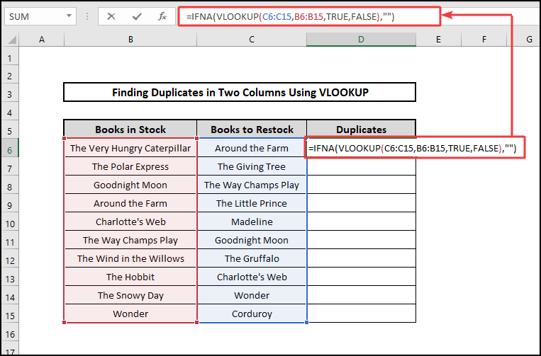 IFNA & VLOOKUP functions to find duplicates in two columns using VLOOKUP