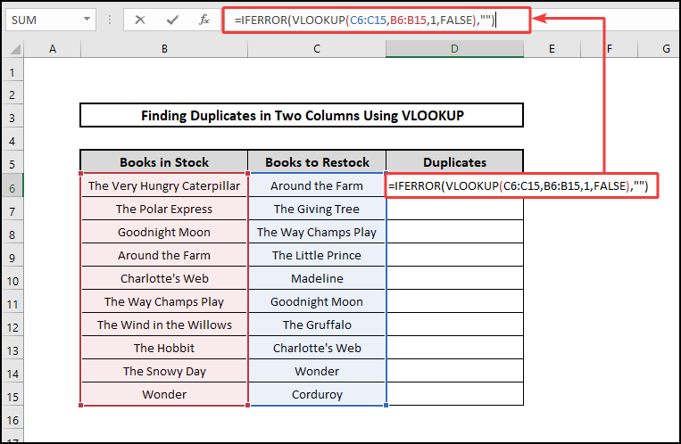 IFERROR & VLOOKUP functions to find duplicates in two columns using VLOOKUP