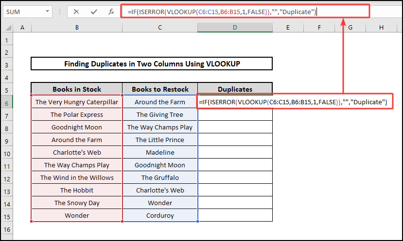 IF,ISERROR & VLOOKUP functions to find duplicates in two columns using VLOOKUP