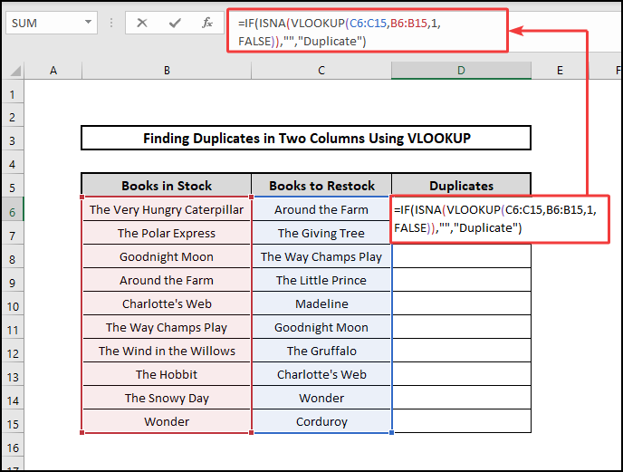 IF ,ISNA & VLOOKUP functions to find duplicates in two columns using VLOOKUP