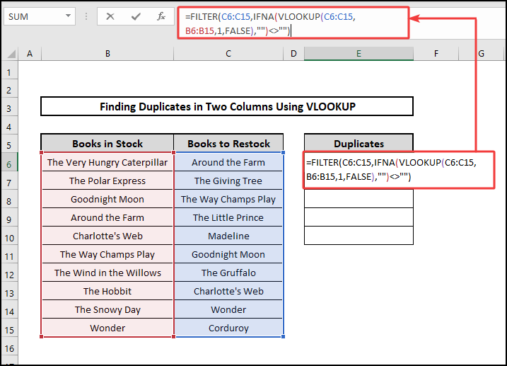 FILTER,IFNA & VLOOKUP to find duplicates in two columns using VLOOKUP