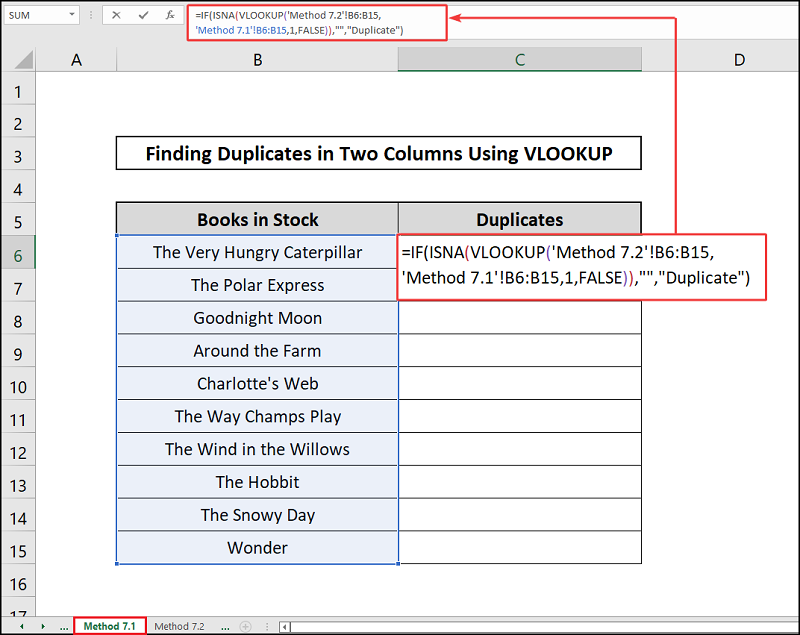 IF,ISNA & VLOOKUP functions to find duplicates in two columns using VLOOKUP