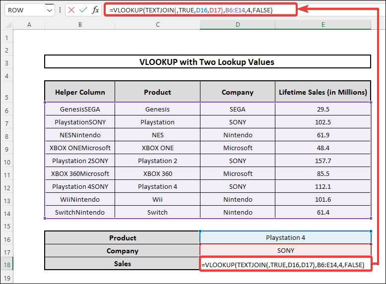 vlookup with two lookup values by using helper column and concatenating with TEXTJOIN Function