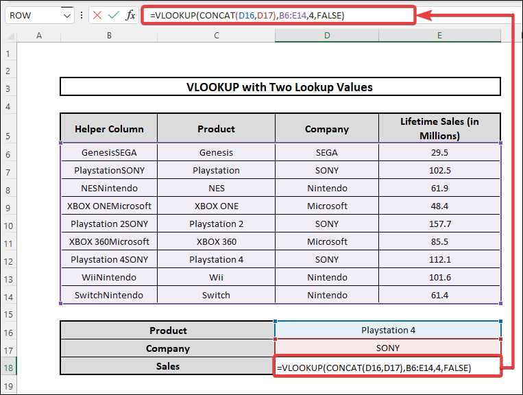 vlookup with two lookup values by using helper column and concatenating with CONCAT Function