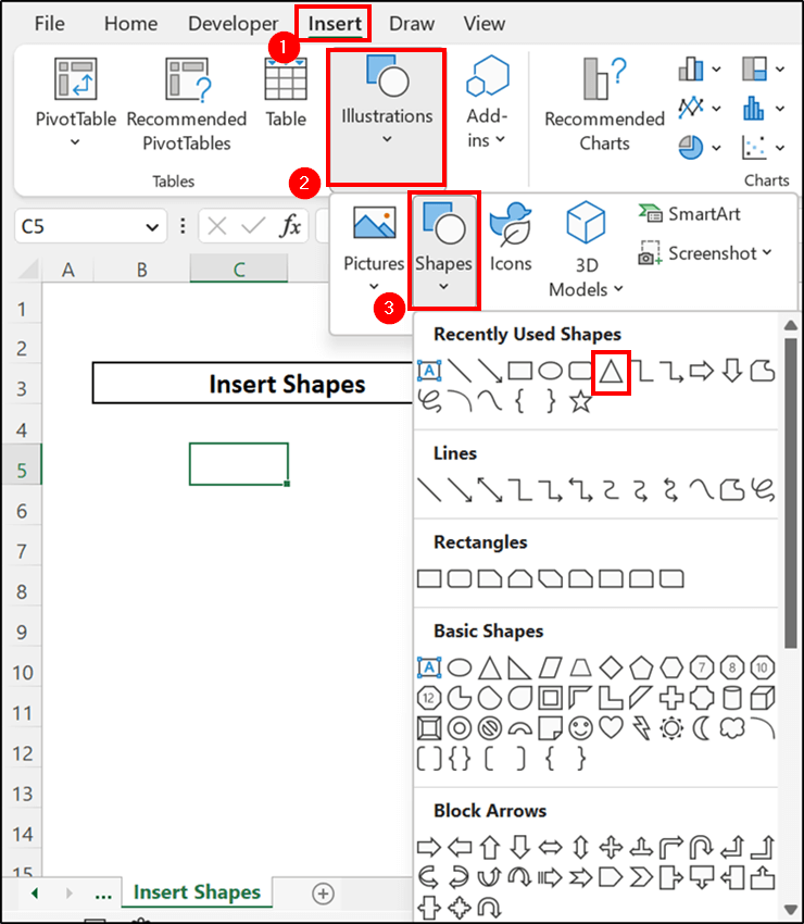 Insert Shapes Using Excel Feature