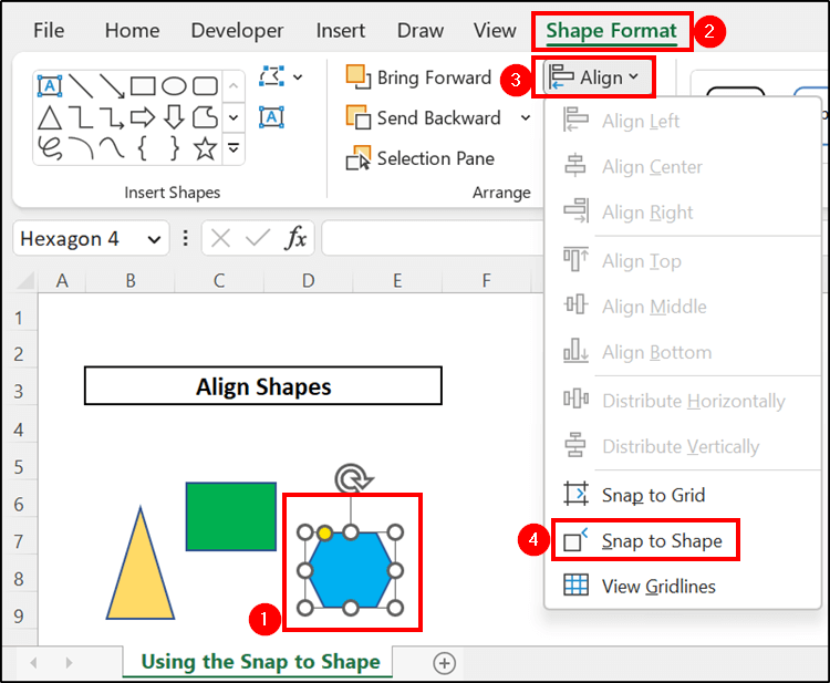 Selecting Snap to Shape feature from Shape Format option
