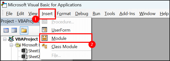 Inserting a new module in the Visual Basic 