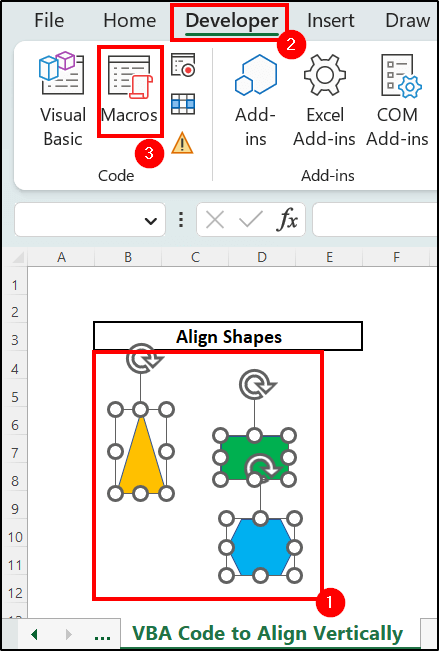 Selecting shapes and then select Macros from the Developer to open Macros window