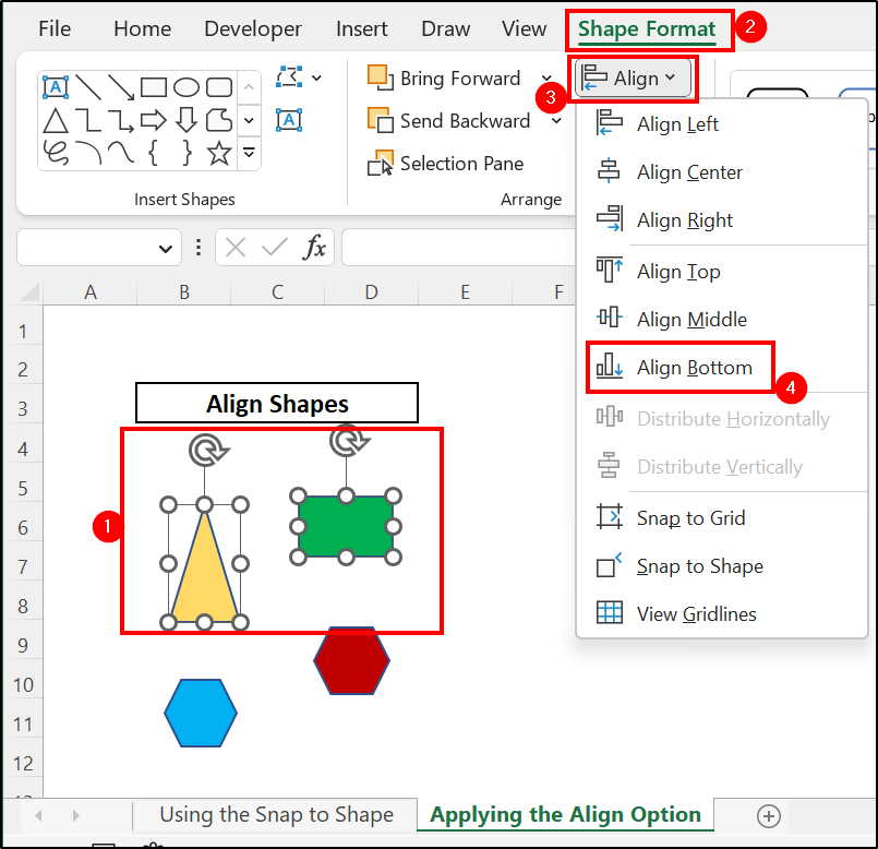 Using Align Bottom feature to the selected shapes