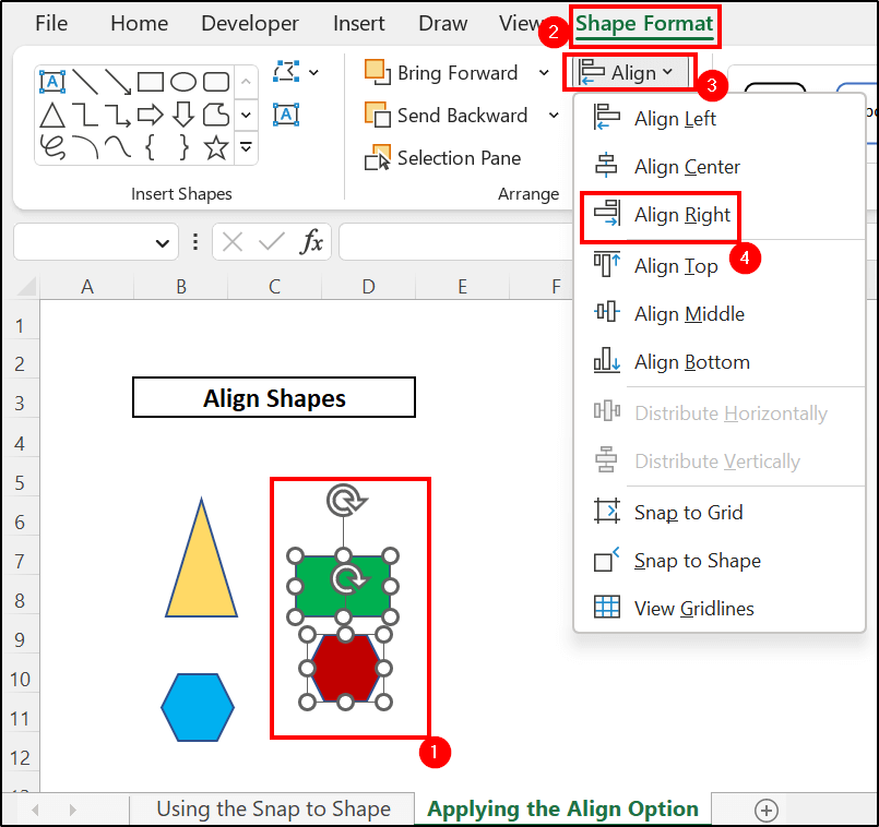 Aligning two shapes at the right using Align Right 