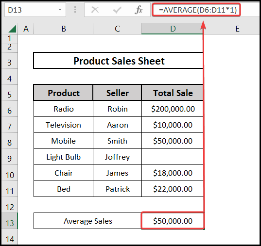 Using the Array formula to find average sales