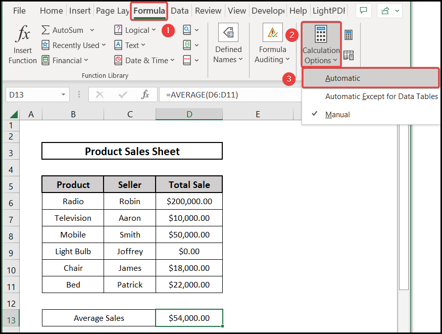 Changing the Calculation Options to Automatic