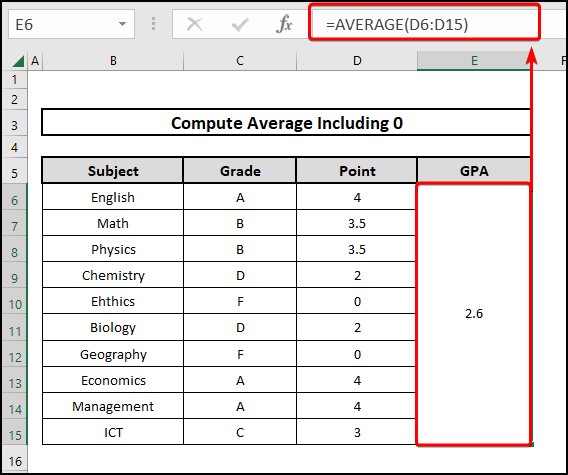 Using the AVERAGE function to compute the average including 0 in Excel