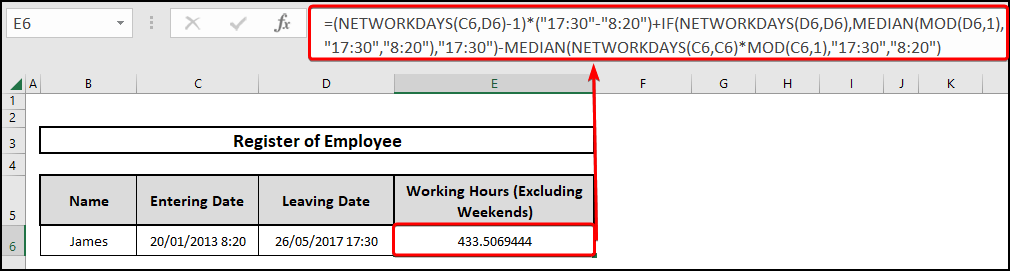 Using the NETWORKDAYS, IF, MEDIAN and MOD functions to calculate hours