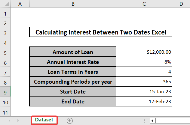 Dataset for calculating interest between two dates