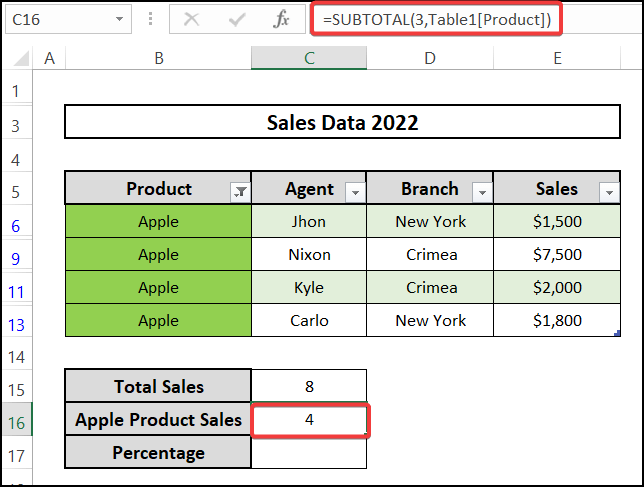 Inserting SUBTOTAL function to get apple product sales