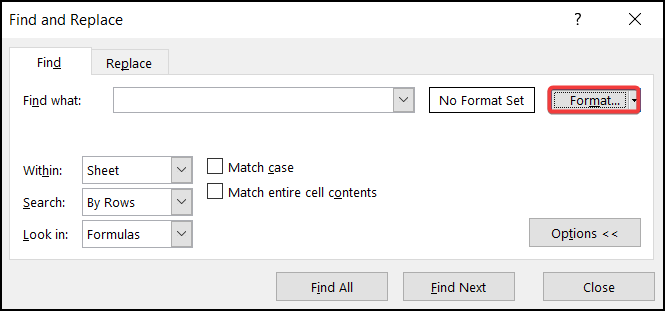Selecting Format option 