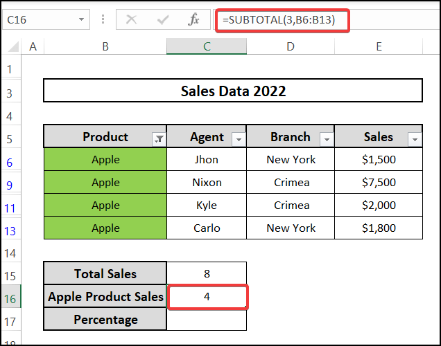 Using SUBTOTAL function to get apple product sales