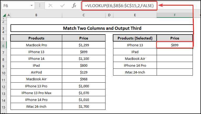 Using the VLOOKUP function to match two columns