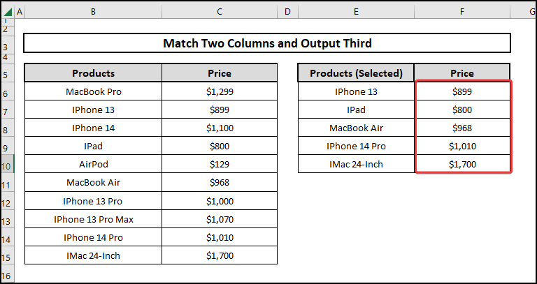 Result of matching two columns and showing the output in the third one