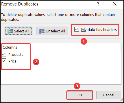 Clicking OK from the Remove Duplicates window after selecting the necessary data