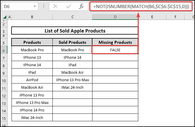 Using NOT, ISNUMBER, and MATCH functions to compare two columns