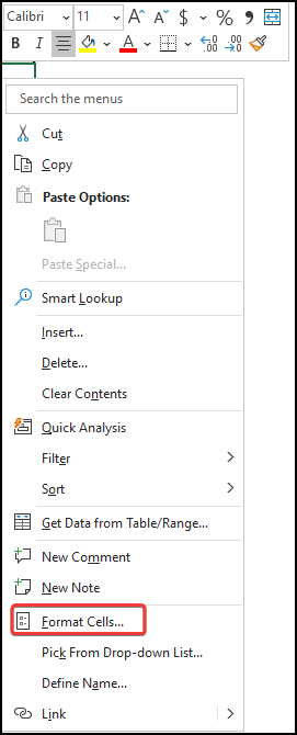 Selecting format cells option