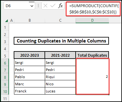 Formula based on the combination of SUMPRODUCT and COUNTIF functions to count duplicates