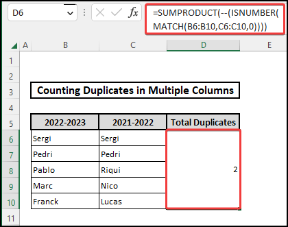 Count duplicate values employing MATCH function