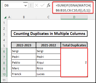 Combine SUM & MATCH functions to count duplicate values in multiple columns in excel