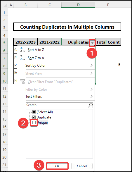Filtering duplicate results only